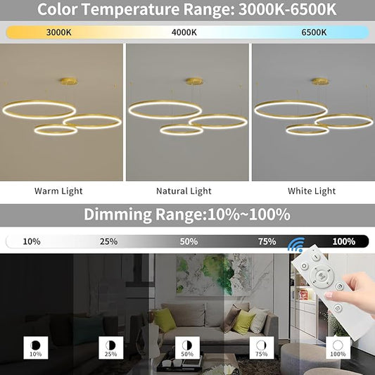Mikeru Modern 3 Ring Chandelier Light, LED Pendant Light Fixtures with Remote Control 3000k-6500K Adjustable Color Temperature Light for Living Room, Bedroom, Kitchen（15.7+23.6+31.5IN）