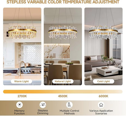 Modern Gold Crystal Led Chandelier: 23.6" Round 3 Color Dimmable K9 Luxury Crystals Chandeliers for Dining Room Lights over Table - Elegant Contemporary Living Room Bedroom Kitchen Light with Remote
