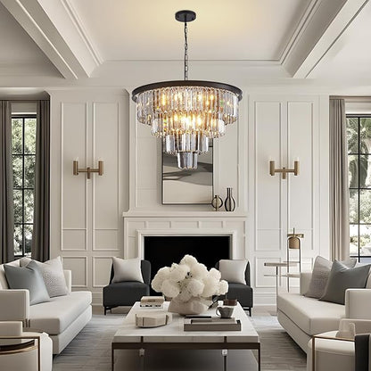 24'' Smoke Gray Crystal Chandelier Black Modern Luxury Light Fixture for Dining Room 4-Tier Round Hanging Pendant Ceiling Lighting for Entryway Foyer Living Room Bed Room Adjustable Height