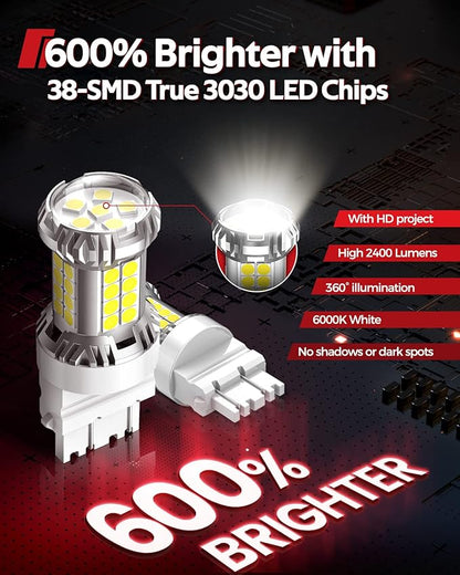 Torchbeam 3157 LED Bulb Reverse Lights 6000K White, 600% Brighter 3156 3056 3057 4157 3457 4057 Automotive Backup Light, DRL, Tail Brake Parking Signal Lights Replacement for Cars, Non-polarity, 2pcs