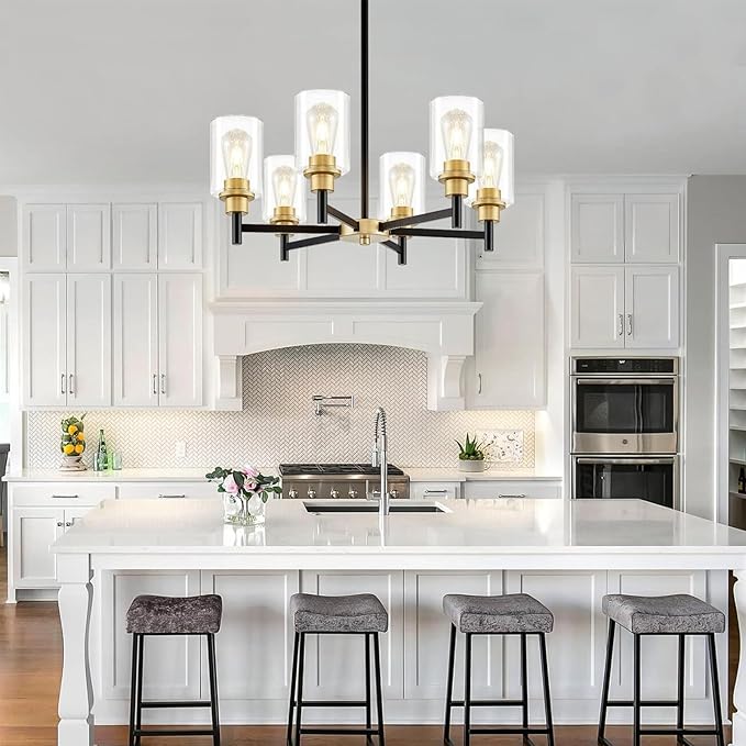 6-Light Modern Chandeliers, Black and Gold Chandelier Light Fixture with Clear Glass Shades, Hanging Pendant Lighting for Dining Room, Living Room, Kitchen, Staircase, Entryway