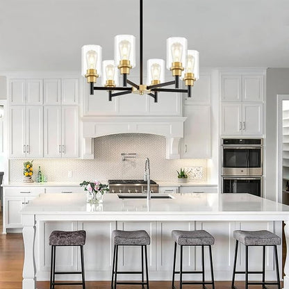 6-Light Modern Chandeliers, Black and Gold Chandelier Light Fixture with Clear Glass Shades, Hanging Pendant Lighting for Dining Room, Living Room, Kitchen, Staircase, Entryway