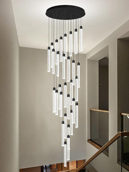 177‘’ Long Crystal Column Chandelier 30-Light Extra Large Black Staircase Chandelier High Ceiling Dimmable Led Ceiling Lighting Foyer Entryway Light Source is Replaceable