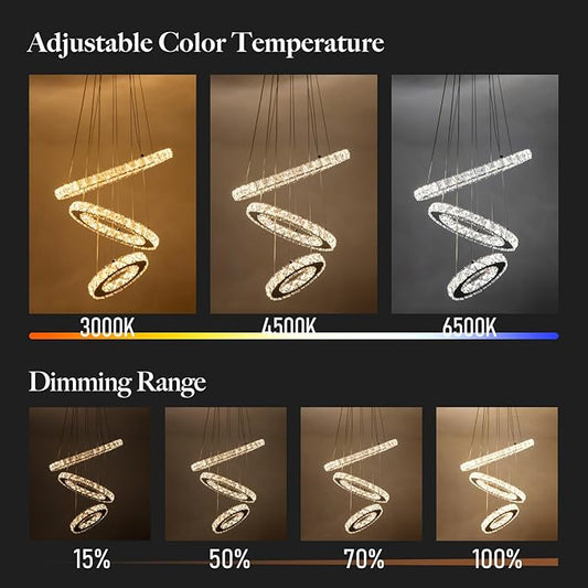 Dimmable Crystal LED Chandelier(3000-6500K) for High Ceiling – Remote Control, Adjustable Height, Modern Stainless Steel Fixture for Foyer, Staircase, Living Room(Chrome 3-Ring)