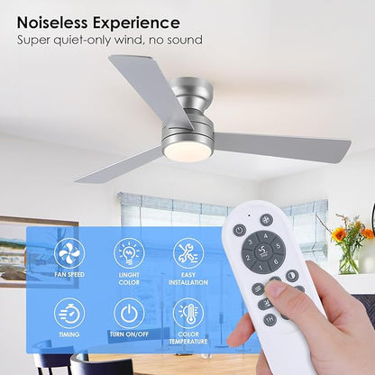 Asyko 46" Silver Low Profile Ceiling Fan with Light and Remote,Modern Flush Mount Ceiling Fans for Bedroom, Living Room, 6 Speeds, Dimmable, Timer, Quiet Reversible