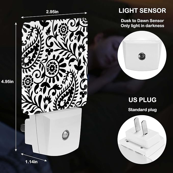 LED Night Light Lamp with Smart Sensor Dusk to Dawn Sensor,Paisley Black White Night Light Daylight White,0.5W Plug-into Wall for Adults,Bedroom,Bathroom,Hallway,Kitchen