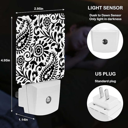 LED Night Light Lamp with Smart Sensor Dusk to Dawn Sensor,Paisley Black White Night Light Daylight White,0.5W Plug-into Wall for Adults,Bedroom,Bathroom,Hallway,Kitchen