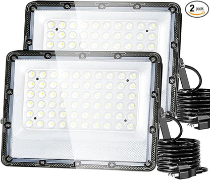 100W Flood Lights Outdoor, 15000lm Bright LED Work Light with Plug, 5000K Daylight White Outdoor Lights, IP65 Waterproof Security Lights for Yard Garage Stadium Playground 2 Pack AC100-120V Voltage