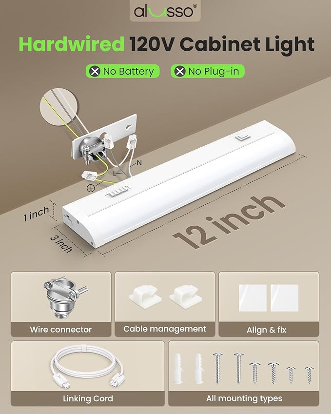 ALUSSO 12 Inch LED Under Cabinet Lighting Hardwired 120V, 5CCT Color Selectable 2700K-5000K Dimmable 6W 480LM High Brightness, CRI 90+ Strip Linkable Under Counter Lights for Kitchen Sink, 1 Pack