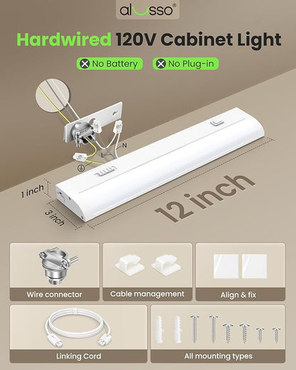 ALUSSO 12 Inch LED Under Cabinet Lighting Hardwired 120V, 5CCT Color Selectable 2700K-5000K Dimmable 6W 480LM High Brightness, CRI 90+ Strip Linkable Under Counter Lights for Kitchen Sink, 1 Pack