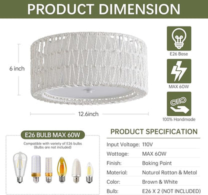 Boho Rattan Ceiling Light Fixtures 2-Light White Flush Mount Ceiling Light, 12.6" Coastal Light Fixture Close to Ceiling Light for Bedroom Nursery Foyer Hallway Entryway Kids Room