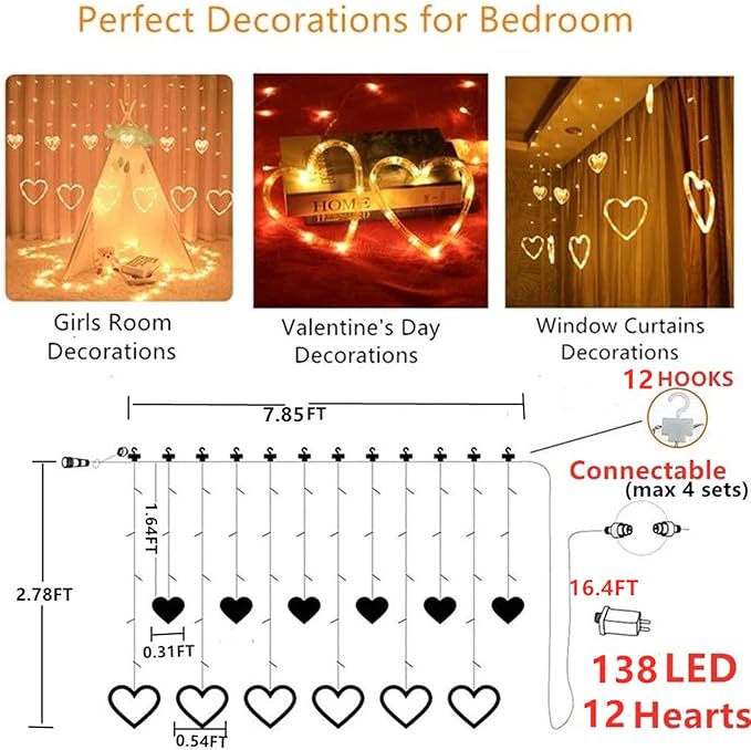 Efunly Valentines Day Decor Lights,138 LED 12-Heart-Shaped String Lights Waterproof,8 Modes Connetable 29V Plug in Curtain Lights for Kids Bedroom Wedding Party Valentines Day Decoration (Warm White)