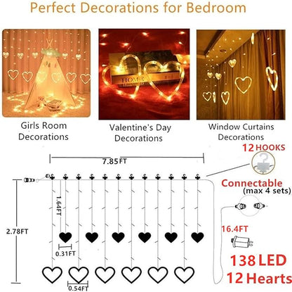 Efunly Valentines Day Decor Lights,138 LED 12-Heart-Shaped String Lights Waterproof,8 Modes Connetable 29V Plug in Curtain Lights for Kids Bedroom Wedding Party Valentines Day Decoration (Warm White)
