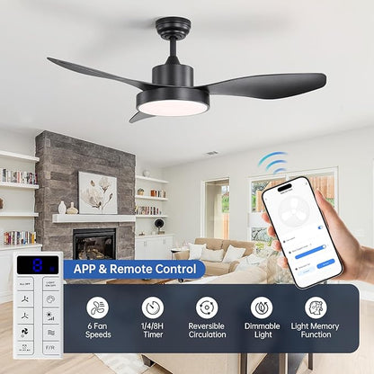 Sofucor 48 Inch Ceiling Fan with Lights Flush Mount Modern Outdoor Ceiling Fans with Remote,3 CCT Dimmable Quiet DC Motor & Timer for Patio/Bedroom/Farmhouse/Indoor (Black, 48 Inch/Smart Control)