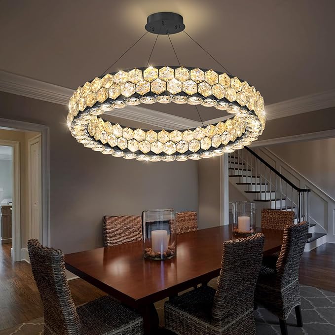 Modern Ring Chandelier, Crystal Chandeliers for Dining Room Round LED Ceiling Light Fixture for Living Room Bedroom Lighting Dimmable with Remote Black