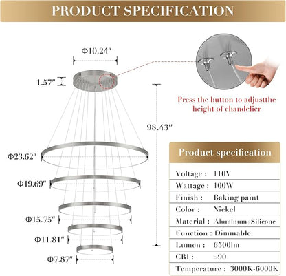 5 Rings Brushed Nickel Ring Chandeliers Moedrn LED Chandeliers Dimmable Foyer Chandelier for High Ceiling Dimmable Contemporary Nickel Chandelier for Living Room Staircase Entryway, 3000K-6500K