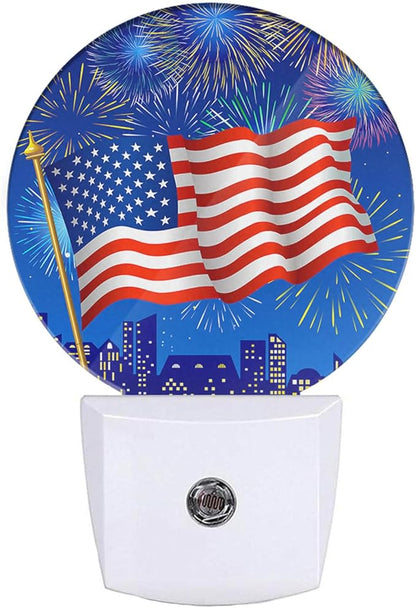 EKOBLA 4th of July Plug-in Night Light, Patriotic American Flag & Fireworks LED Nightlight for Independence Day Decor