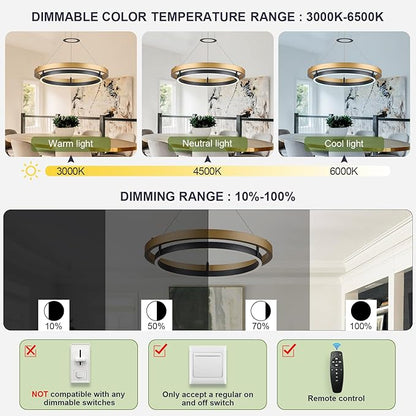 Benkut Modern LED Chandelier Black Gold Dimmable Circular LED Pendant Light with Remote Ring Chandelier Dining Room Light Fixtures for Kitchen Island Living Room Entryway, D23.6in