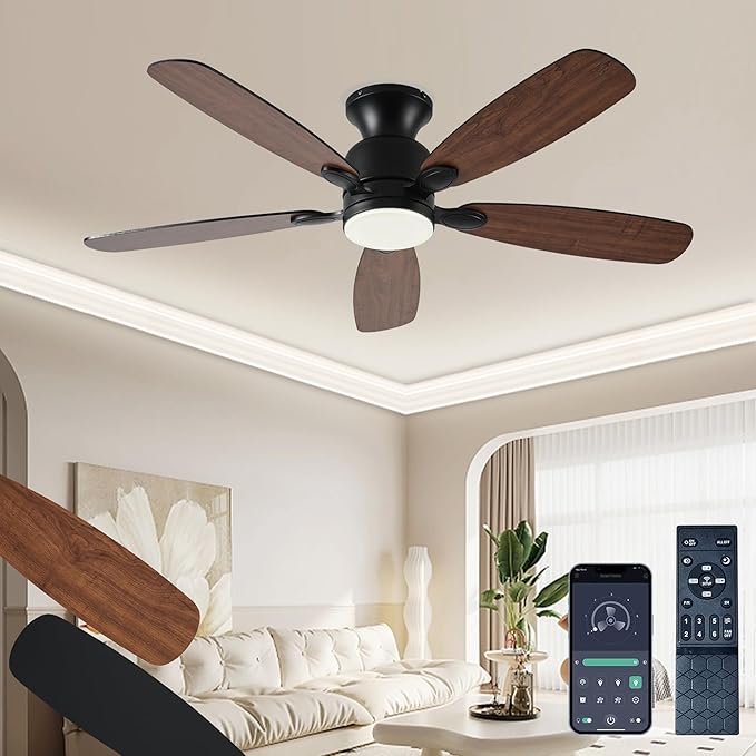 NKPU 52inch Low Profile Ceiling Fan with Light and Remote/APP Control,Reversible DC Motor,Noiseless,Dimmable,Modern Flush Mount Ceiling Fan for Bedroom,Indoor/Outdoor Use(Brown)