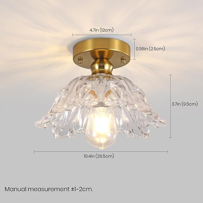 Vintage Flush Mount Ceiling Light with Clear Embossed Glass Shade, Brass Finish Ceiling Light Fixture, Semi Flush Mount Ceiling Light for Hallway Bedroom Entryway.Bulbs Not Included