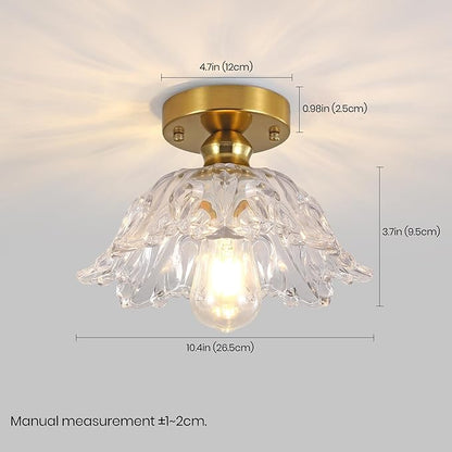 Vintage Flush Mount Ceiling Light with Clear Embossed Glass Shade, Brass Finish Ceiling Light Fixture, Semi Flush Mount Ceiling Light for Hallway Bedroom Entryway.Bulbs Not Included