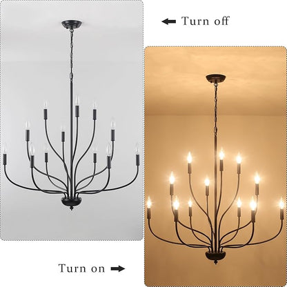 12-Light Black Chandelier for Dining Room, 34 Inch Large Farmhouse Chandeliers for High Ceilings, Foyer Industrial Modern Pendant Light Fixture for Living Room Entryway Hallway Kitchen Island Lights