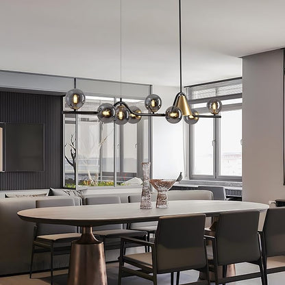 L55 in Mid Century Modern Chandelier, Black and Gold Globe Sputnik Glass Chandeliers Light Fixture,Rectangular Chandelier, 9 Light Dining Room Light Fixtures Over Table