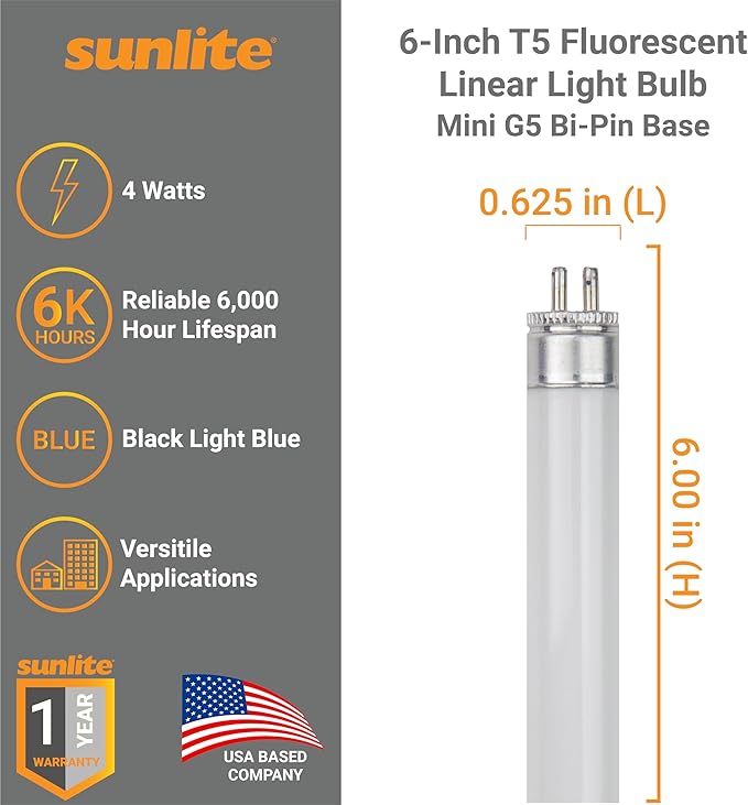 Sunlite F4T5/BLB 4 Watt T5 Linear Fluorescent Light Bulb Mini Bi Pin Base, Black Light Blue (Pack of 10)