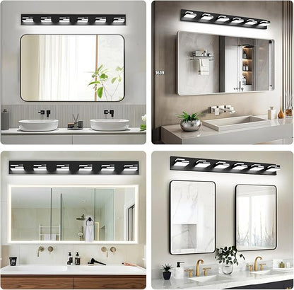 LED Modern Bathroom Vanity Light Fixtures, 6-Light 40-inch Dimmable Matte Black Vanity Lights for Bathroom Lighting Fixtures Over Mirror, with 360° Rotatable Acrylic Heads (Cool White 6000K)
