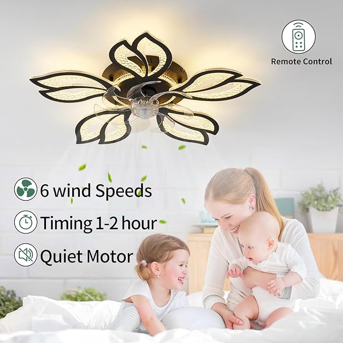 Yfrest Geometric Ceiling Fan with Light, Black, 26', 3000K-6000K, Remote Control, Low Profile, for Bedroom