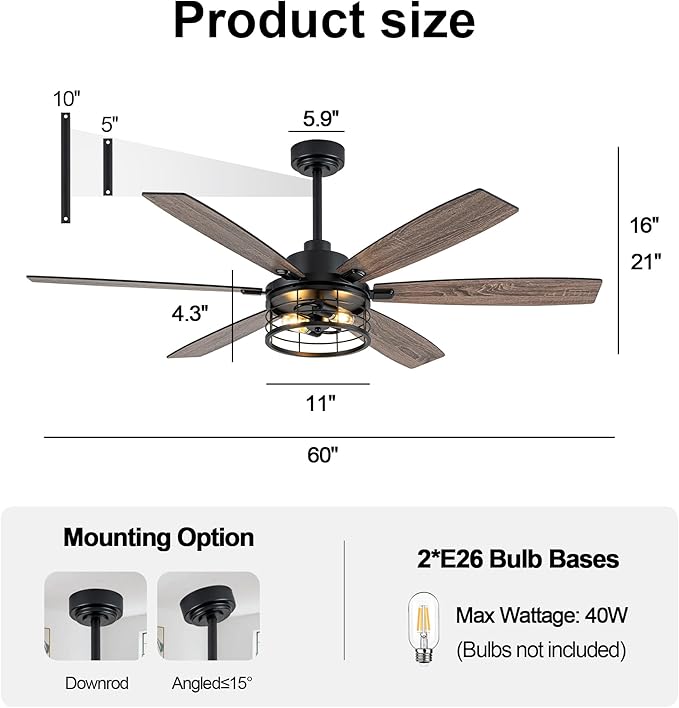 Farmhouse Ceiling Fan with Lights and Remote Large Rustic Ceiling Fan Caged Fandelier Industrial Chandelier Light, Reversible Quiet DC Motor 6 Speed for Indoor Outdoor (Industrial, 60 Inch)
