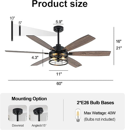 Farmhouse Ceiling Fan with Lights and Remote Large Rustic Ceiling Fan Caged Fandelier Industrial Chandelier Light, Reversible Quiet DC Motor 6 Speed for Indoor Outdoor (Industrial, 60 Inch)
