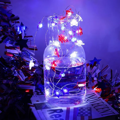 WATERGLIDE 2 Pack 4th of July String Lights, 16FT 50LED Red White and Blue Patriotic Star Lights, Battery Operated with 8 Modes & Timer, Waterproof Indoor Outdoor for Memorial Day Independence Day