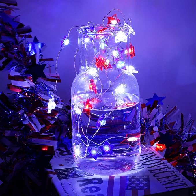 WATERGLIDE 1 Pack 4th of July String Lights, 16FT 50LED Red White and Blue Patriotic Star Lights, Battery Operated with 8 Modes & Timer, Waterproof Indoor Outdoor for Memorial Day Independence Day