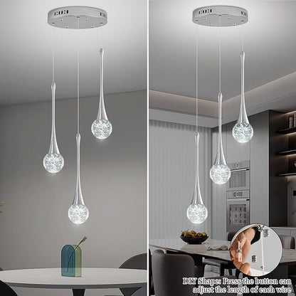 Modern Crystal Kitchen Island Chandelier 3-Lights Chrome, LED Dimmable Raindrop Indoor Lighting Fixture for Dining Room Foyer Entryway Remote Control