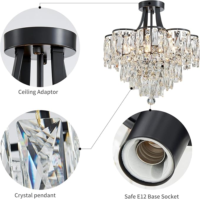 WUZUPS Crystal Chandelier Semi-Flushmount Ceiling Light Modern Lighting Fixture for Bedroom Hallway Entry Kitchen Bathroom, H 19.3" x W 18.3", E12 Base, Black