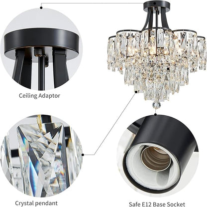 WUZUPS Crystal Chandelier Semi-Flushmount Ceiling Light Modern Lighting Fixture for Bedroom Hallway Entry Kitchen Bathroom, H 19.3" x W 18.3", E12 Base, Black