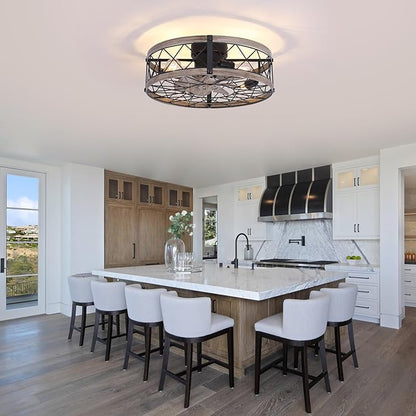 REDSTAR Flush Mount Caged Ceiling Fan with Lights, 20" Small Bladeless Ceiling Fans with Remote, Rustic Low Profile Ceiling Fans 6-Speeds Reversible Enclosed Ceiling Fan for Bedroom Kitchen Farmhouse