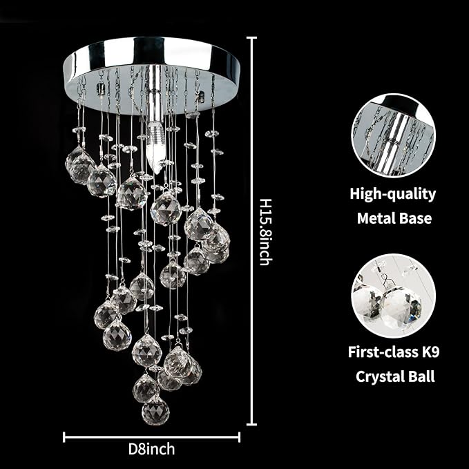 Modern Crystal Chandelier Elegant Spiral Flush Mount Chandelier Modern Raindrop Crystal Ball Chandeliers Fixture Pendant Ceiling Lamp Lighting Fixtures for Bedroom Hallway Living Room D8"x H15.8"