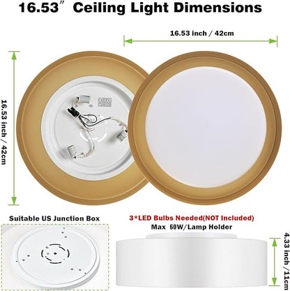 Yiisem Modern White and Gold Flush Mount Ceiling Lights, 16.5" Minimalist Glass Round Ceiling Lighting, Drum Close to Ceiling Light Fixtures for Living Room, Bedroom, Dining Room, Kitchen, Hallways