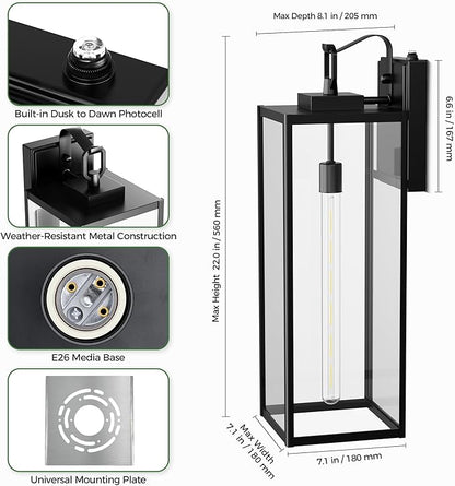DORESshop 22 Inch Large Size Dusk to Dawn Outdoor Wall Lights, Matte Black Waterproof Anti-Rust Outdoor Light Fixtures Wall Mount with Clear Glass Shade for Porch, with T30 Light Bulbs, 2 Pack