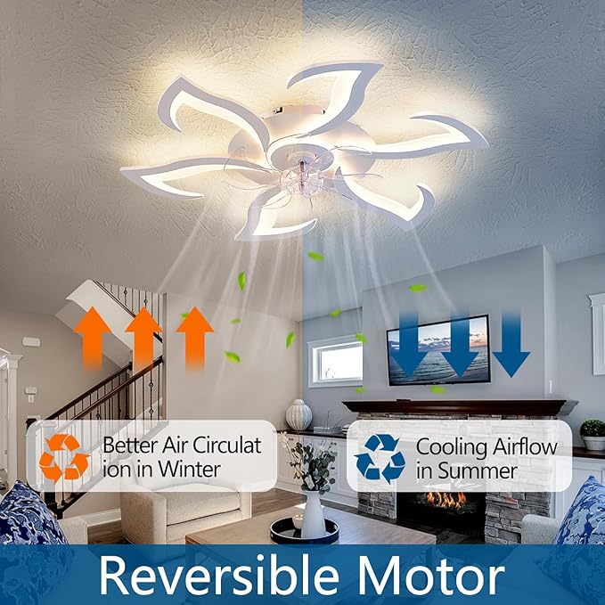 32" White Geometric Modern 6-Head Ceiling Fan with Lights Remote Control, Low Profile Ceiling Fan with Light for Kitchen Bedroom Living Room