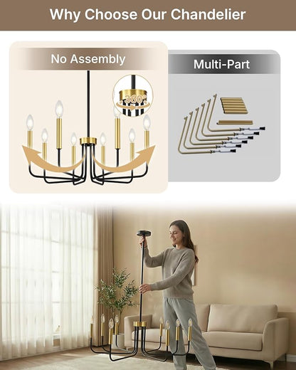 Yunnix 8 Light Black and Gold Chandeliers for Dining Room Lighting Fixtures Hanging, Modern Farmhouse Chandelier for Entryway, Foyer, Staircase, Kitchen and Living Room