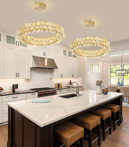 Modern Crystal Chandelier Ring Chandeliers for Dining Room Living Room Round LED Dimmable Ceiling Light Fixture for Bedroom Hallway Foyer Gold