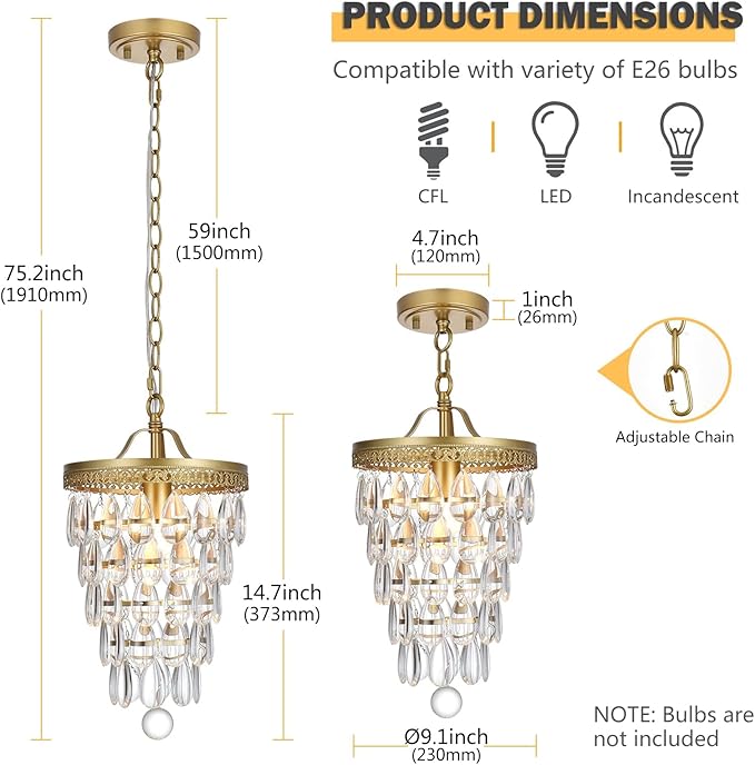 Vintage 5-Tier K9 Raindrop Crystal Chandelier,Gold Crystal Chandeliers with Metal Frame, Crystal Pendant Light for Bathroom,Foyer,Corridor,Closet,9-inch Wide,1-Light