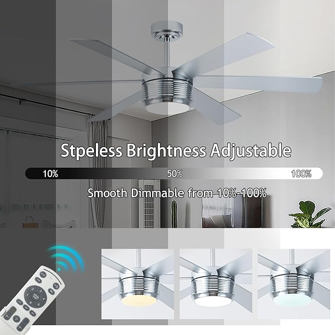 SHOWDI Ceiling Fan with Lights and Remote, 6 Blade App Control Timer Reversible Stepless Brightness and Color Temperature Outdoor Wood Ceiling Fan with Lights (Chrome, 56 Inch)