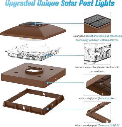 VOLISUN 4x4 Solar Post Cap Light 12pack,Solar Fence - Post Lights Brown Outdoor Waterproof for Wooden/Vinyl Post, with Warm White for Deck