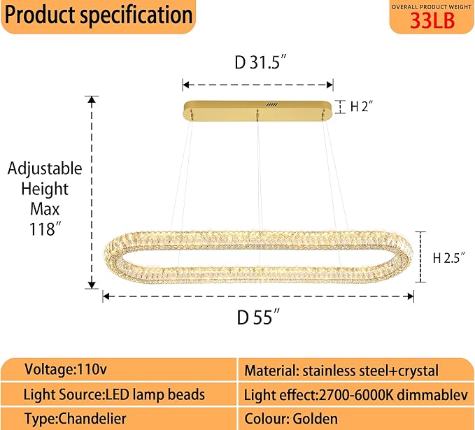 Large Led Gold Ring Chandelier for Living Room Modern 55in Linear Oval Chandeliers Over Table Crystal Ring Pendant Light for Dining Room Dimmable 3000K-6000K