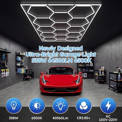 ALLYES Hexagon Garage Lights, LED Honeycomb Garage Lights, 538W 64560LM 6500K, 14 Grid Hexagon Light Set with Rectangle Frame for Workshop Showroom Detail Shop Gym