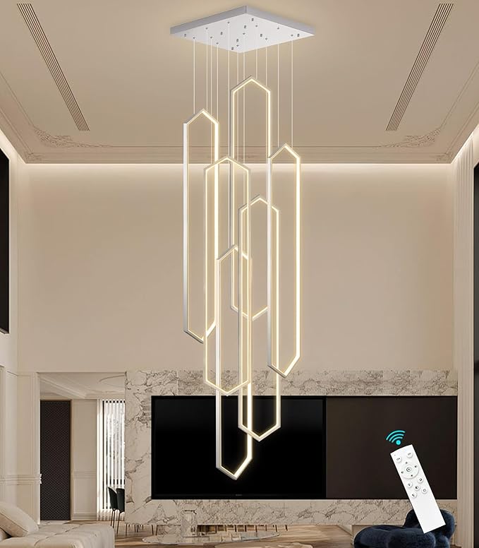 6 Rings Modern Chandelier LED Dimmable Long Large High Ceiling Chandelier Adjust Flush Mount Ceiling Light for Entrance Foyer Lobby Staircaes